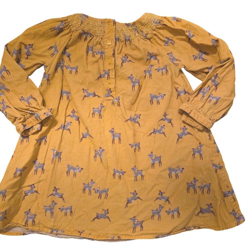 M&S Yellow Corduroy Deer Print Smocked‎ Dress Long Sleeve Kids Mustard Woodland
